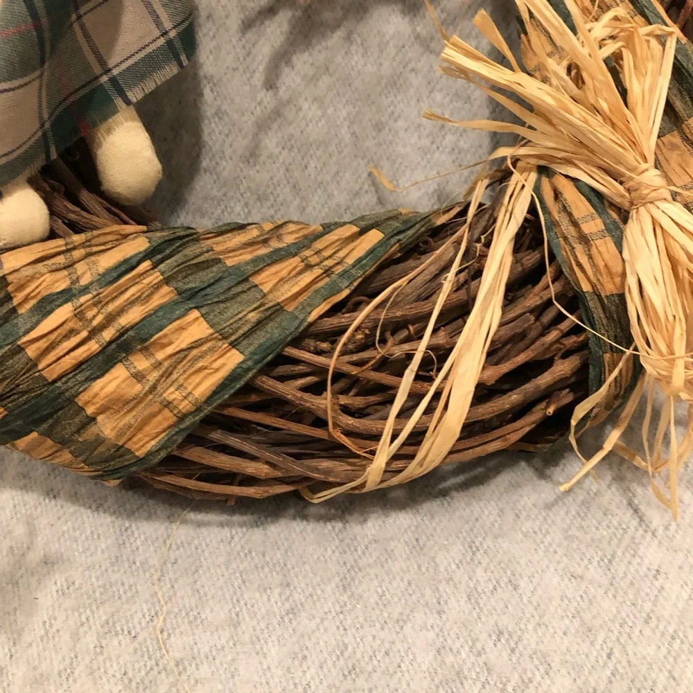 NWOT - Charming Rustic-look Plaid Doll Wreath with Raffia Trim